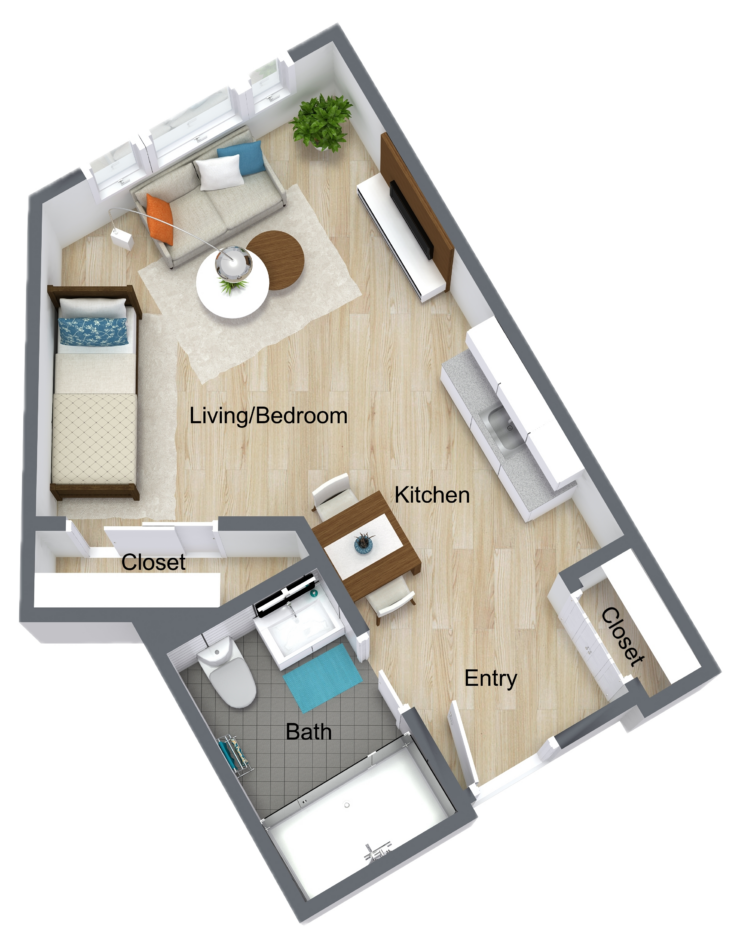 A thoughtfully designed assisted studio, promoting comfort and independence in a warm community setting.