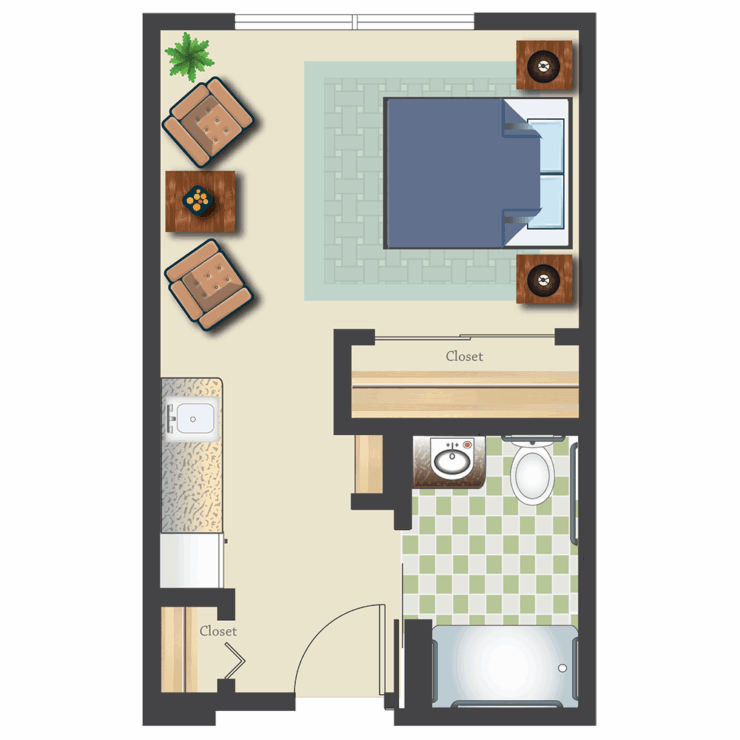 A welcoming layout featuring living and bathroom areas designed for comfort and community.