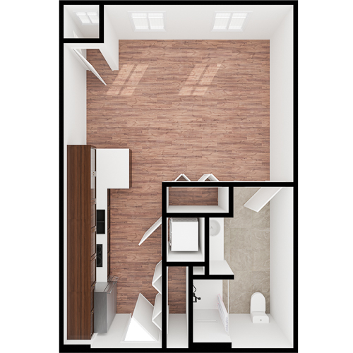 A warm and inviting floor plan showcasing a spacious, comfortable living area and well-equipped kitchen.