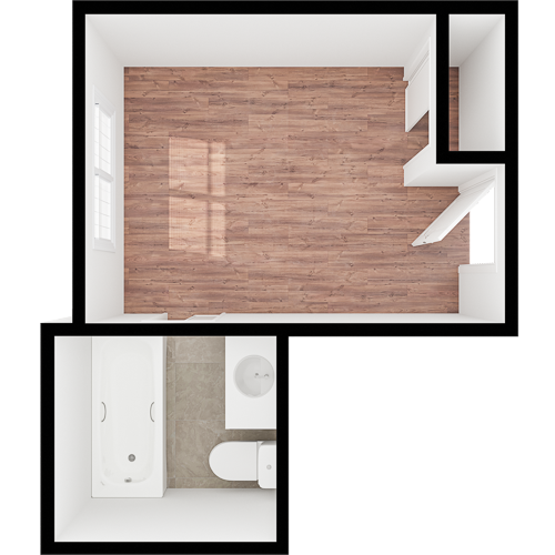 Bright and spacious living area paired with a private bathroom, promoting comfort and community.