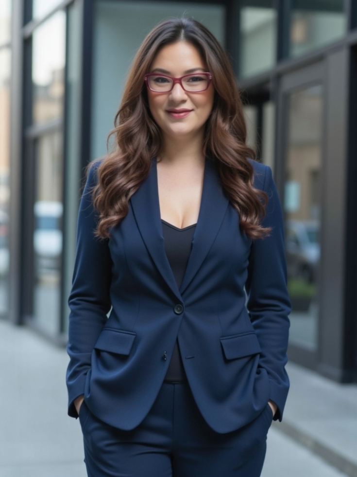 A welcoming professional stands confidently in a vibrant urban setting, exuding approachability and warmth.