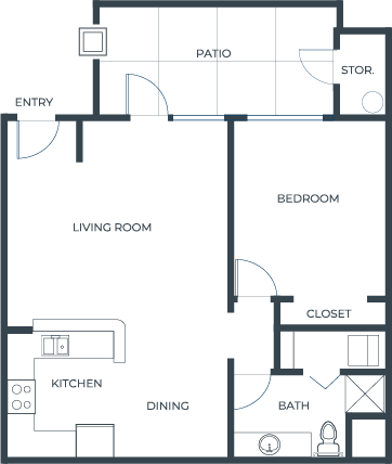 A welcoming layout featuring a spacious living area, inviting kitchen, and serene bedroom, perfect for community living.