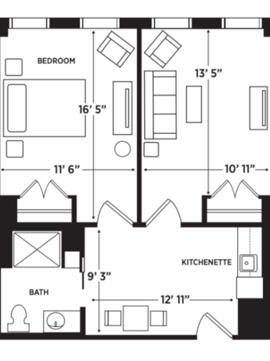 A thoughtfully designed floor plan featuring a spacious bedroom, inviting living area, and kitchenette, fostering comfort and community.