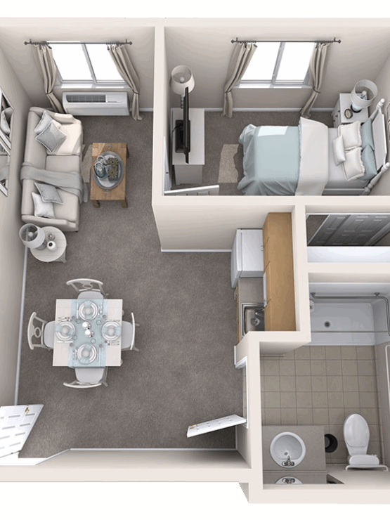 Bright and inviting living space encouraging connection and comfort, perfect for community living.
