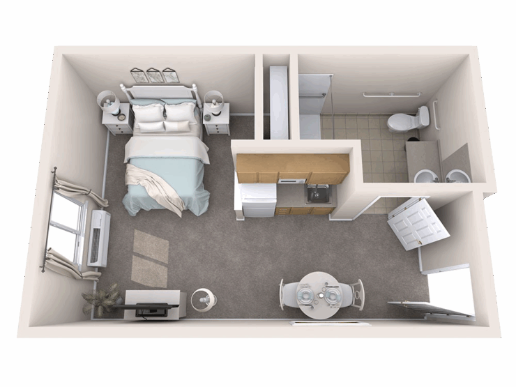 A bright, inviting space featuring a cozy bedroom, kitchenette, and friendly dining area, perfect for community living.