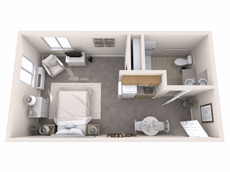 A cozy, inviting apartment layout featuring a bright living space, comfortable furnishings, and a warm atmosphere.