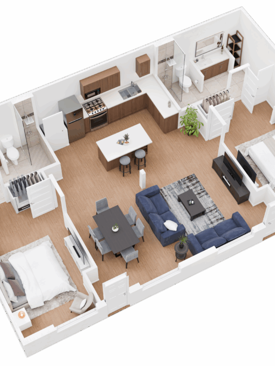 A welcoming living space featuring comfortable seating, a dining area, and cozy bedrooms, promoting community.