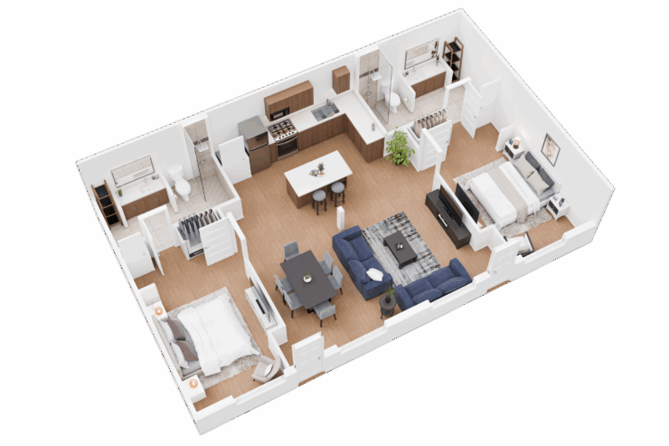 A welcoming living space featuring comfortable seating, a dining area, and cozy bedrooms, promoting community.