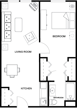 A cozy layout featuring a welcoming living room, kitchen, and comfortable bedroom, perfect for community living.
