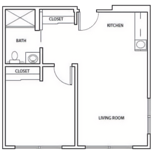 An inviting floor plan featuring a spacious living room, kitchen, and essential comforts for community living.