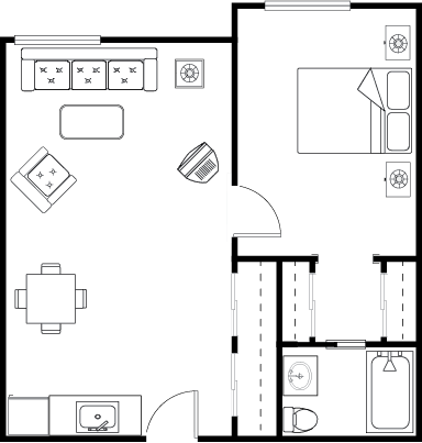 A welcoming layout featuring a comfortable living area, cozy bedroom, and inviting dining space.