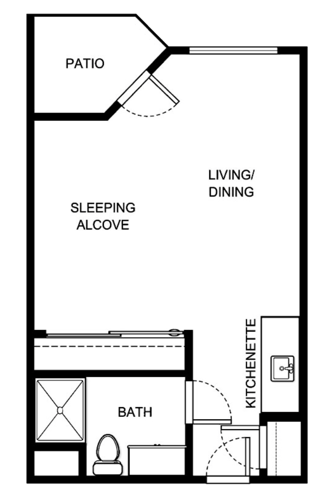 This inviting layout features spaces for relaxation, dining, and a private patio for enjoying fresh air.