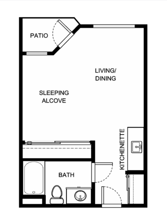 Cozy layout featuring a living area, kitchenette, and private patio, perfect for community living.