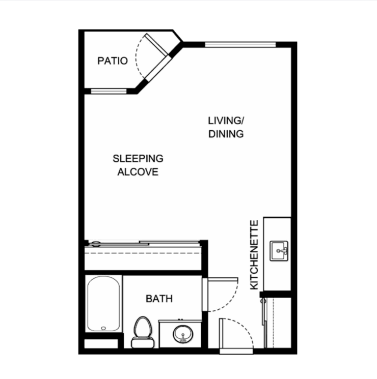 Cozy layout featuring a living area, kitchenette, and private patio, perfect for community living.