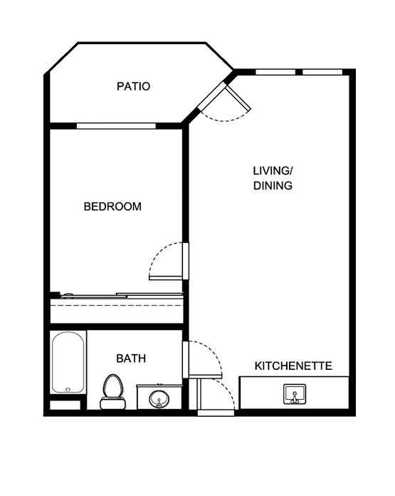 A welcoming floor plan featuring cozy living spaces, a serene bedroom, and a relaxing patio for community enjoyment.
