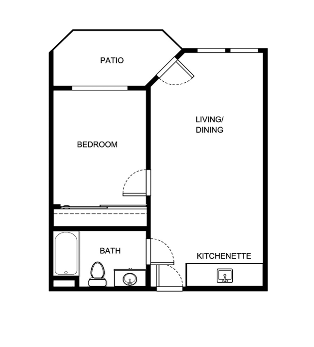 A welcoming floor plan featuring cozy living spaces, a serene bedroom, and a relaxing patio for community enjoyment.