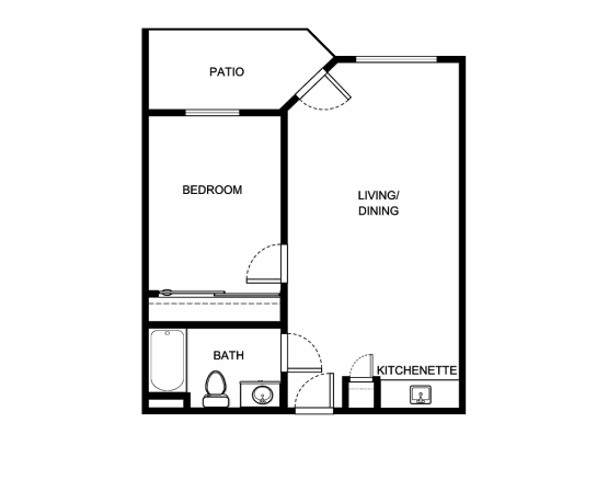 A well-designed living space that fosters comfort and community, featuring a peaceful patio and cozy kitchenette.