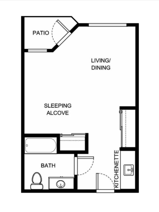 Thoughtfully designed layout featuring a welcoming living space, kitchenette, and private patio.