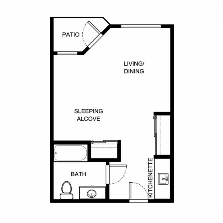 Thoughtfully designed layout featuring a welcoming living space, kitchenette, and private patio.