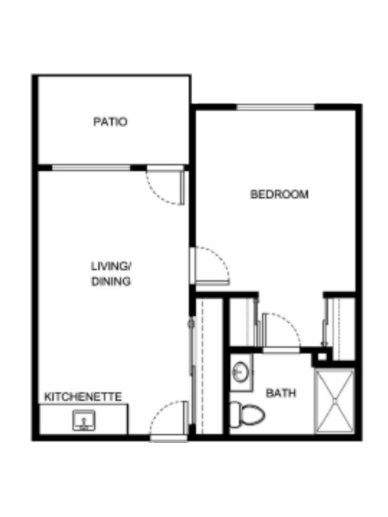 Cozy layout featuring a living area, kitchenette, and private patio for comfort and community.