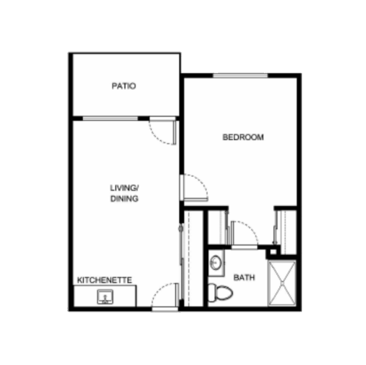 Cozy layout featuring a living area, kitchenette, and private patio for comfort and community.