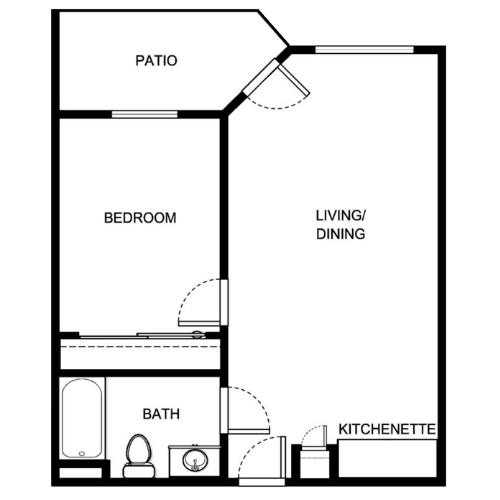 Cozy layout featuring a bedroom, living/dining area, and patio, fostering comfort and community.