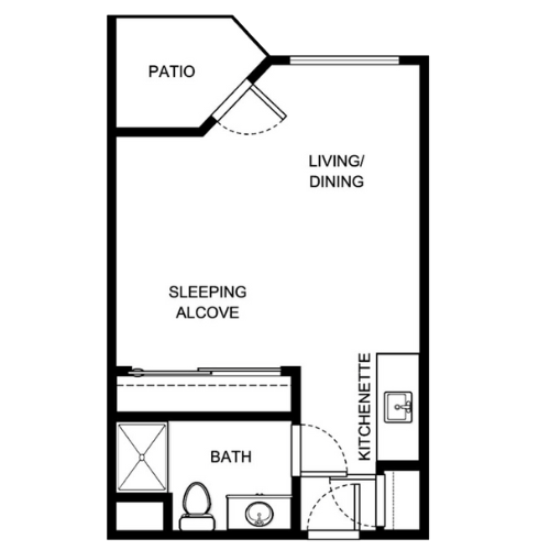 An inviting layout featuring a living/dining space, kitchenette, and patio, perfect for community living.