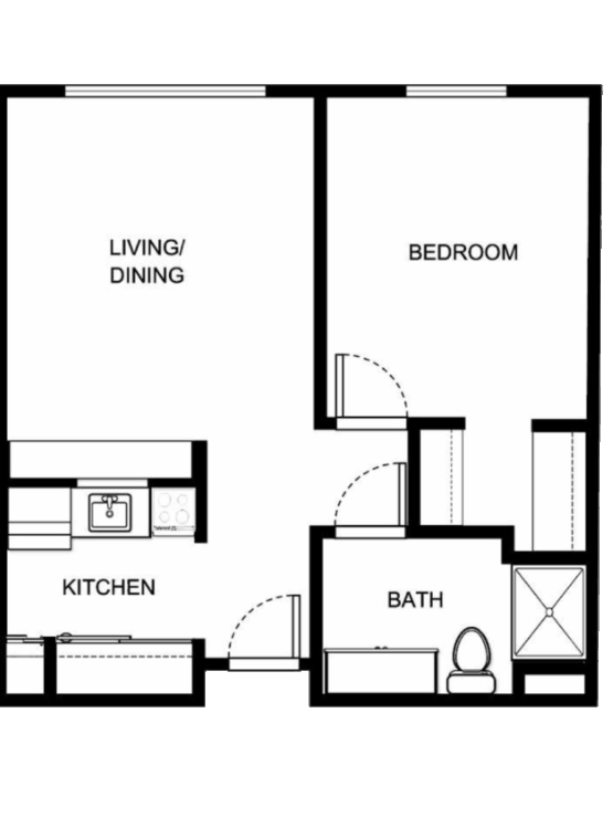 This inviting floor plan features a spacious living/dining area, a cozy bedroom, and a well-equipped kitchen, perfect for community living.