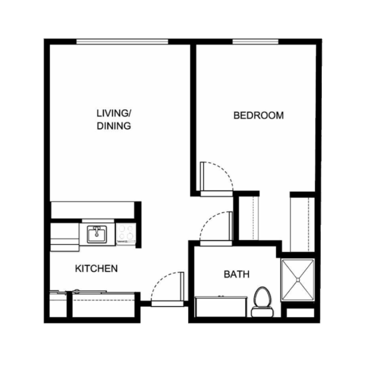 This inviting floor plan features a spacious living/dining area, a cozy bedroom, and a well-equipped kitchen, perfect for community living.
