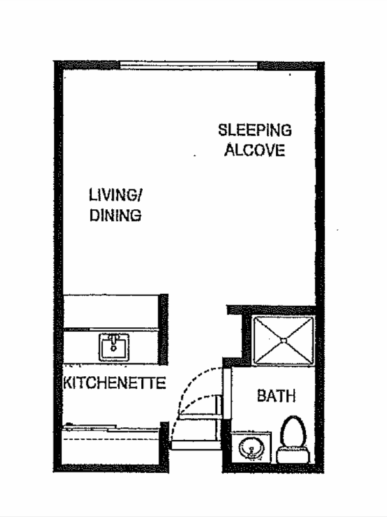 Cozy living space featuring a kitchenette, bath, and a sleeping alcove, perfect for fostering comfort and community.