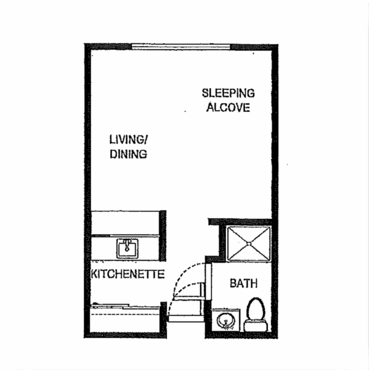 Cozy living space featuring a kitchenette, bath, and a sleeping alcove, perfect for fostering comfort and community.