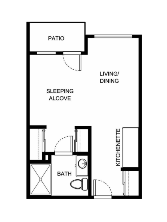Spacious layout with a welcoming living area, kitchenette, and private patio for relaxation.