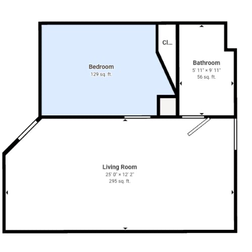 Welcoming floor plan featuring a spacious living room and serene bedroom, ideal for comfort and community.