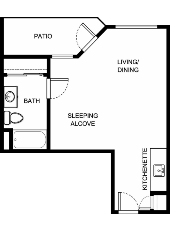 A welcoming layout featuring a living area, kitchenette, and private patio, perfect for community living.