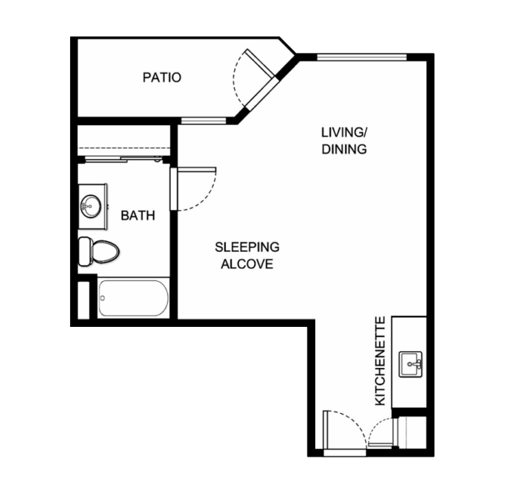 A welcoming layout featuring a living area, kitchenette, and private patio, perfect for community living.