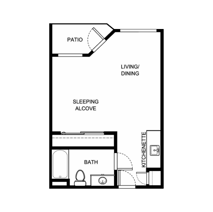 Charming layout featuring a patio, cozy living space, and convenient kitchenette for comfortable living.