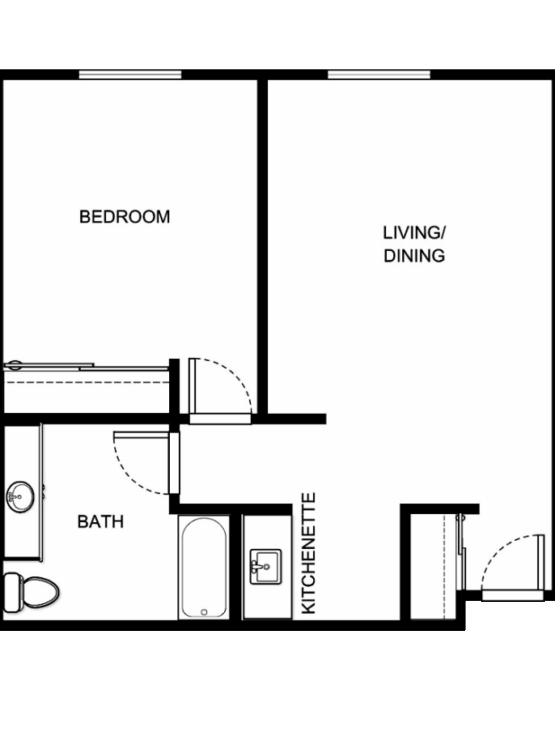 A welcoming floor plan with a spacious living/dining area, kitchenette, and cozy bedroom, perfect for comfort and community.