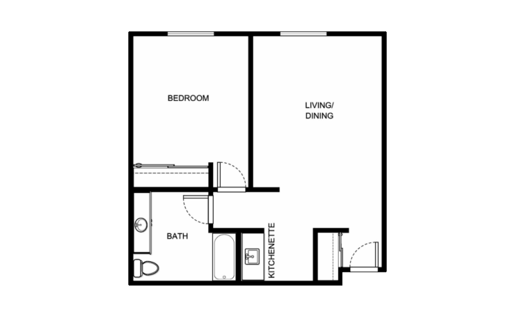 A welcoming floor plan with a spacious living/dining area, kitchenette, and cozy bedroom, perfect for comfort and community.