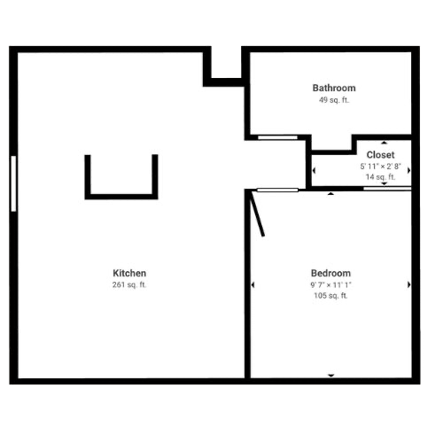 A welcoming floor plan featuring a spacious kitchen, comfortable bedroom, and convenient bathroom.