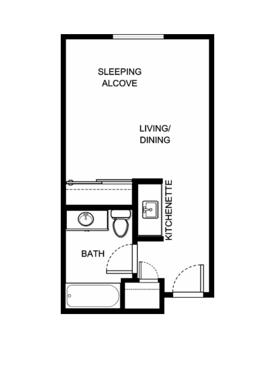 Cozy layout featuring a sleeping alcove, living space, and kitchenette, perfect for comfortable living.
