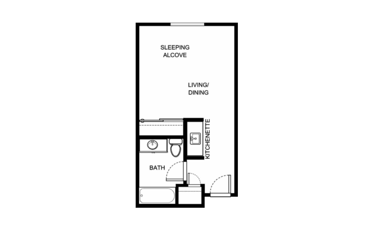 Cozy layout featuring a sleeping alcove, living space, and kitchenette, perfect for comfortable living.