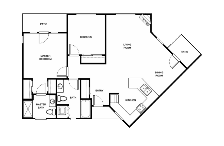 A welcoming floor plan featuring comfortable living spaces, including bedrooms, a cozy kitchen, and inviting patios.