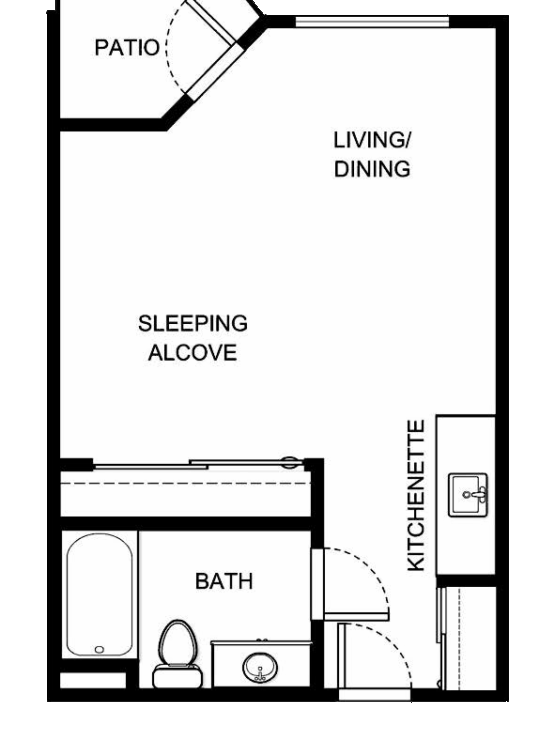 This inviting layout features a cozy living space, kitchenette, and serene patio, perfect for community living.