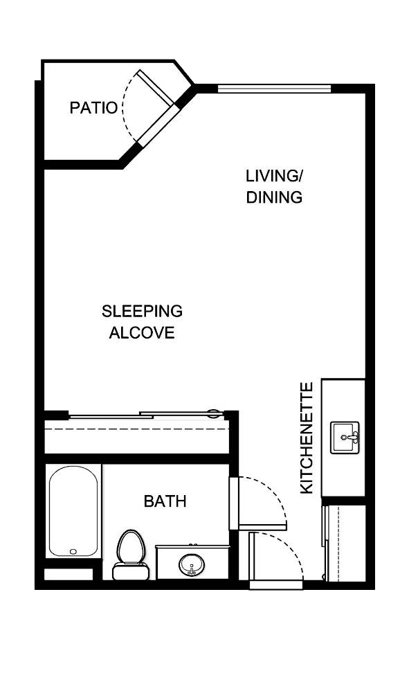 This inviting layout features a cozy living space, kitchenette, and serene patio, perfect for community living.