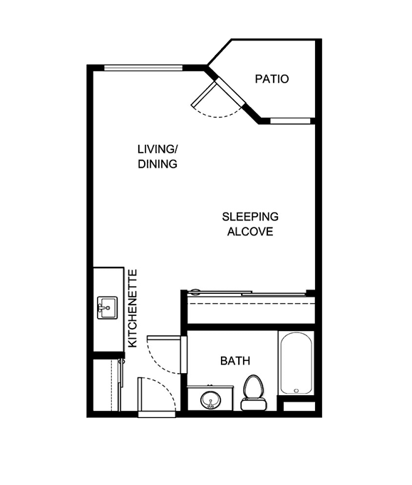 Cozy layout featuring a living area, kitchenette, and patio, perfect for comfort and community.