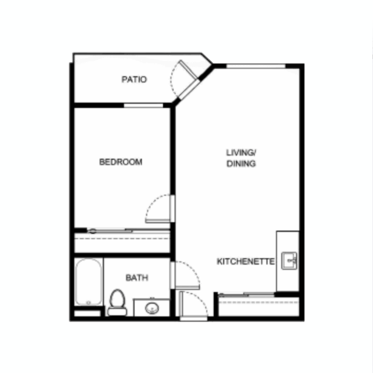 Cozy layout featuring a welcoming living space, bedroom, and private patio for relaxation and community.