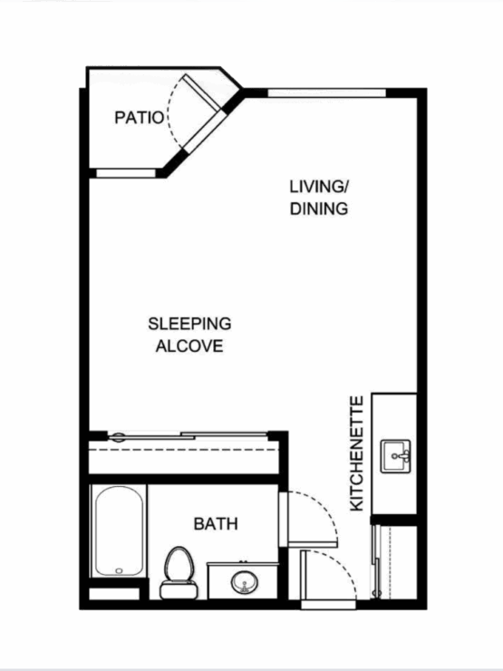 This inviting floor plan features a comfortable living space, kitchenette, and cozy patio, fostering community and relaxation.