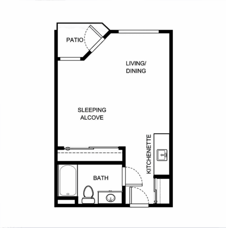 This inviting floor plan features a comfortable living space, kitchenette, and cozy patio, fostering community and relaxation.