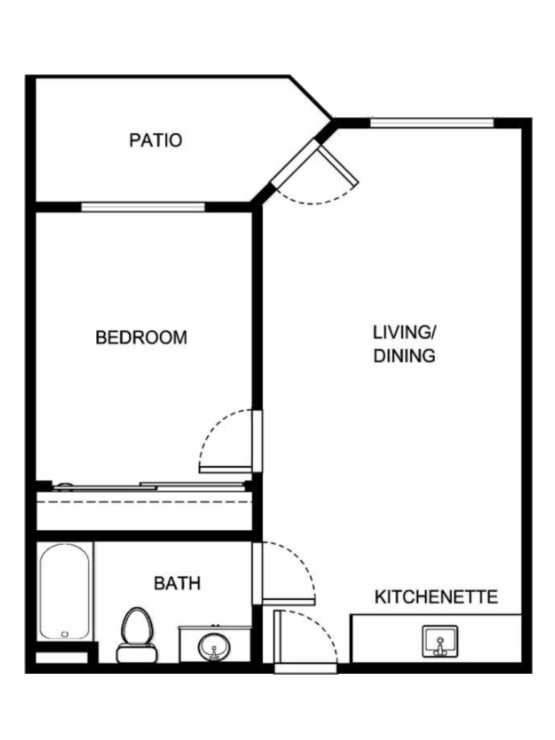 A cozy layout featuring a bedroom, kitchenette, and inviting patio, perfect for community living.