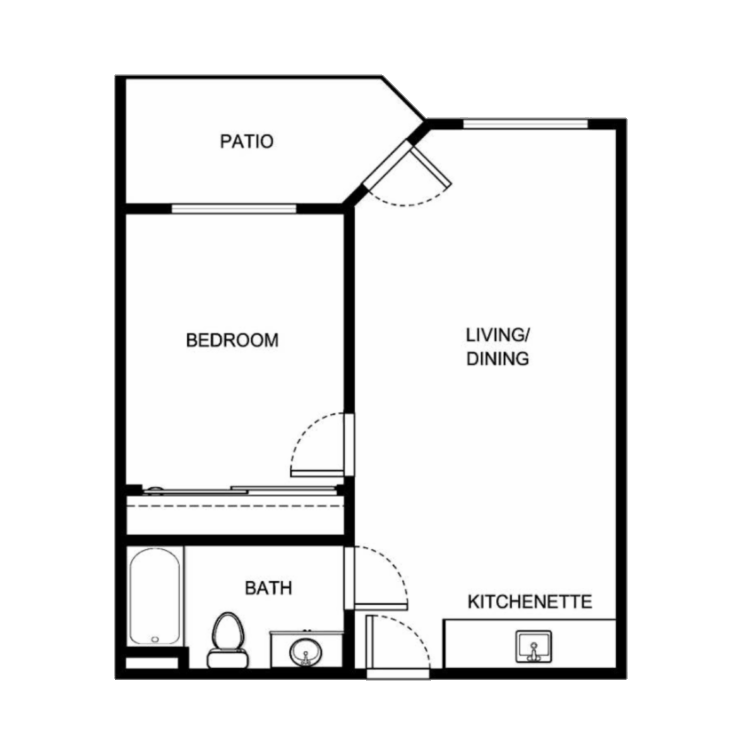 A cozy layout featuring a bedroom, kitchenette, and inviting patio, perfect for community living.